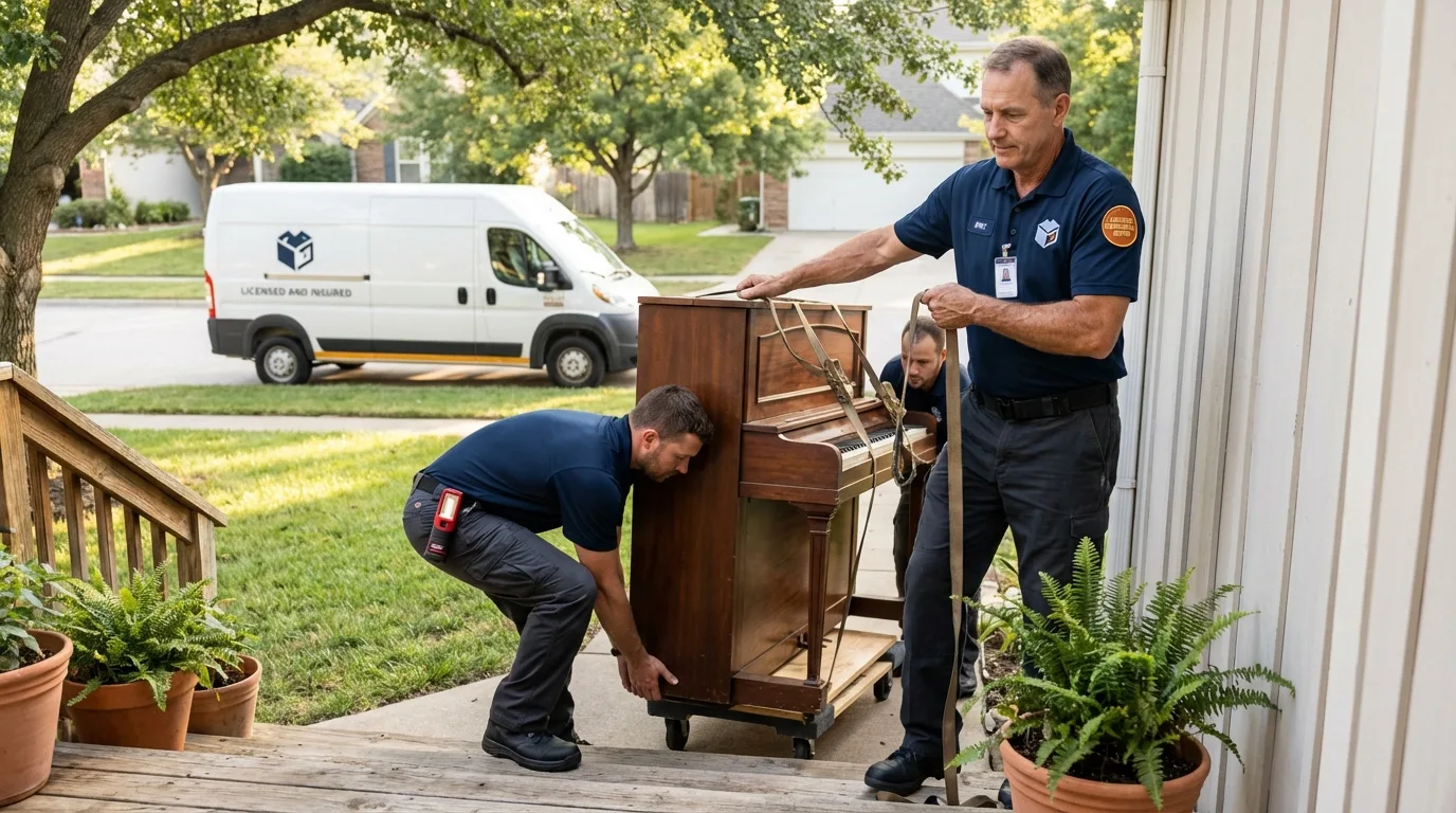 Licensed piano movers securing grand piano in Gardner, KS