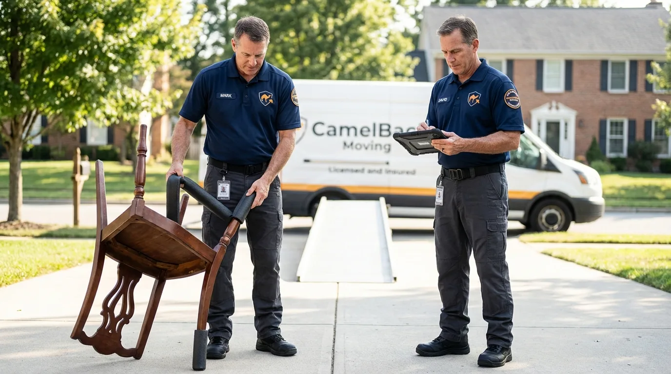 Movers inspecting furniture for damage prevention before loading in Gardner, KS